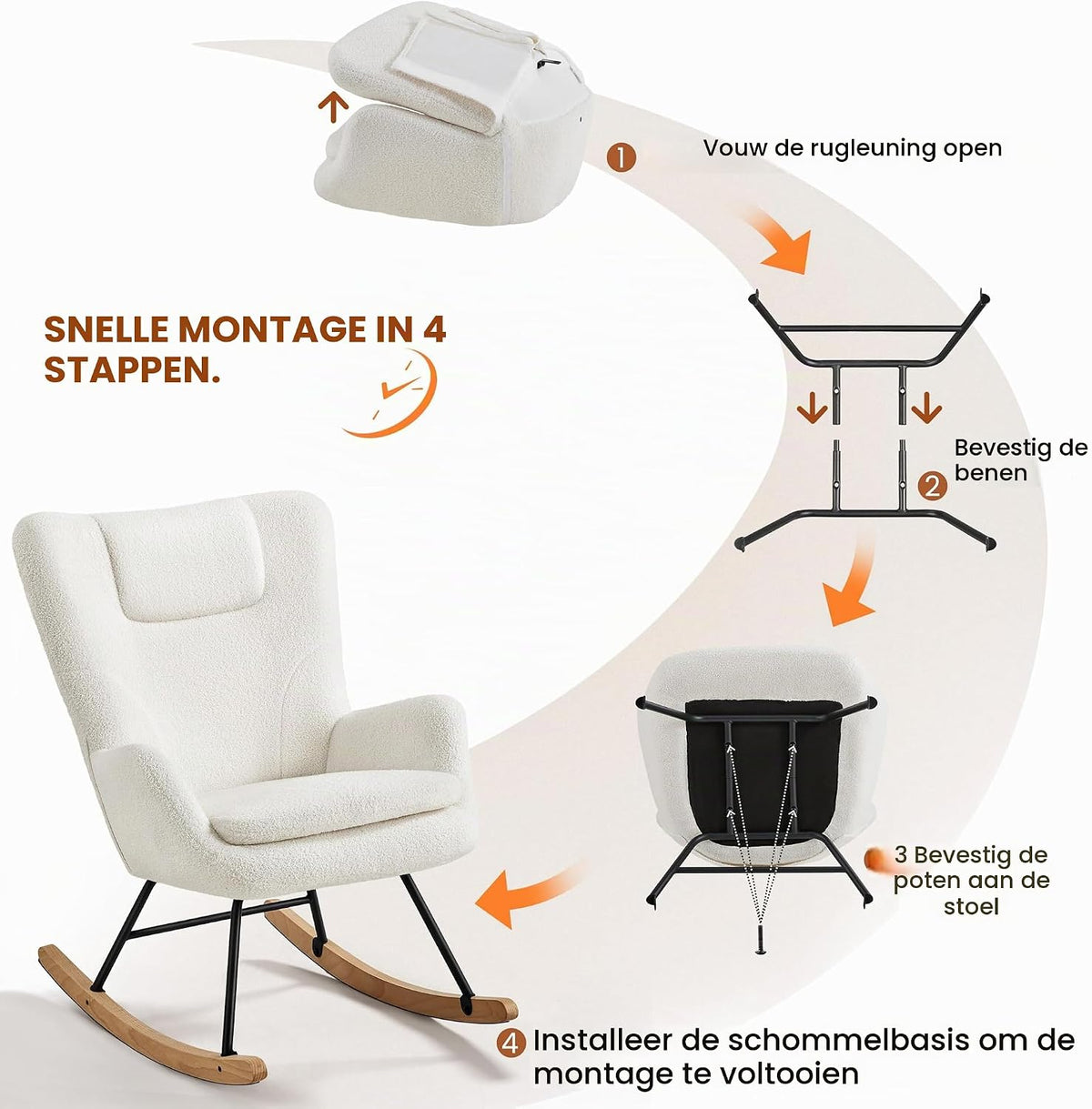 Yaheetech Schommelstoel Boucle Wit met Opklapbare Rugleuning - 82,5 x 70 x 95,5 cm