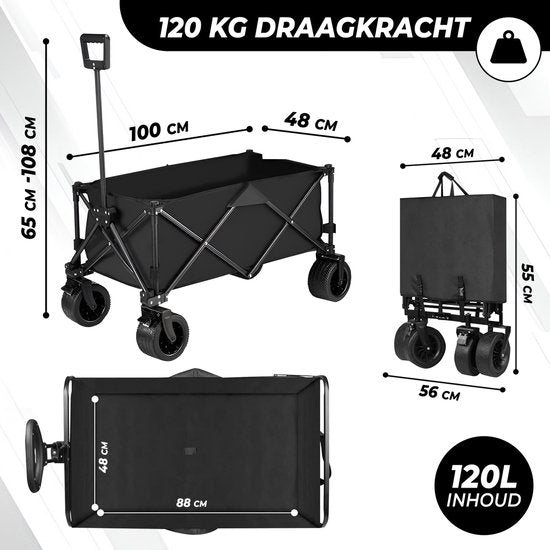Outbee Bolderkar - Bolderkar Opvouwbaar - Bolderwagen - 120Liter Inhoud - Met Wielslot- 120kg Draagvermogen - Zwart