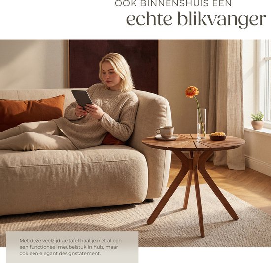 tectake® Ronde Houten Tuintafel - Ø70 x 62 cm - Acaciahout - Weerbestendig - Buitentafel - Bistrotafel - Bijzettafel - Tafeltje voor Balkon en Terras - Ook voor Binnen