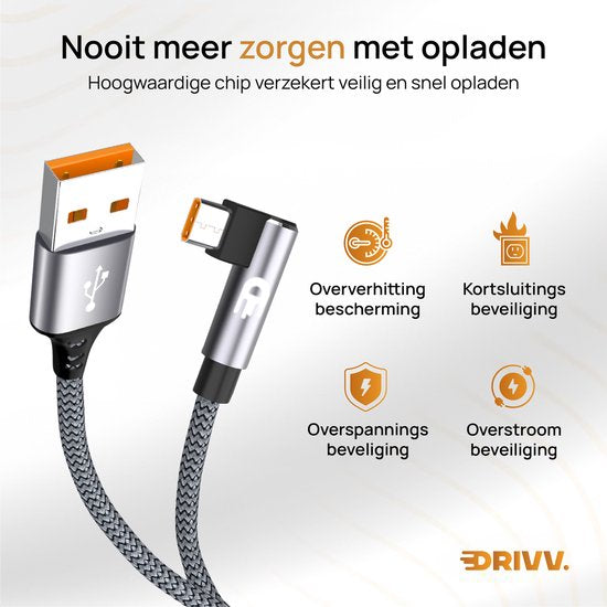Drivv. USB naar USB C Kabel - Haaks - USB C Data en oplaadkabel - Fast Charge / Snellader - 3 Meter - Grijs