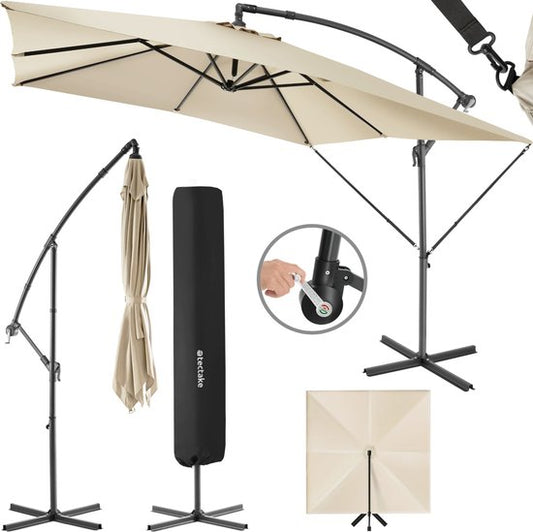 tectake - Rechthoekige parasol met beschermhoes en zwengel - Zweefparasol - Waterafstotend - Zonwering voor terrassen, tuinen en patio's - Balkonparasol groot - Marktparasol - Ø 250 cm - Beige