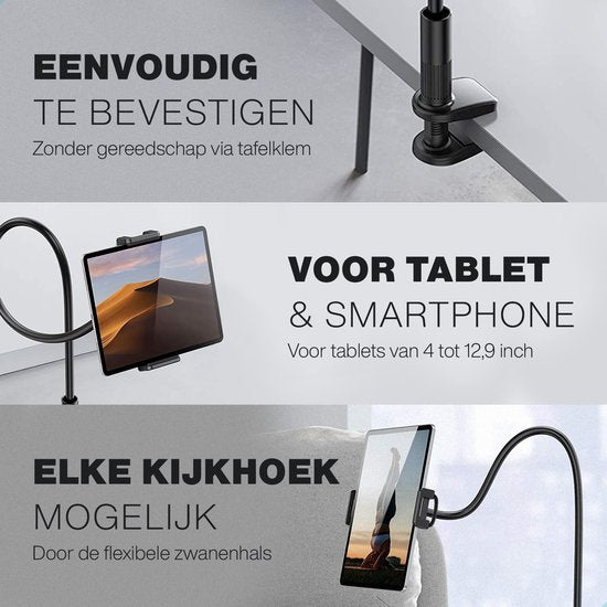LURK® Tablethouder flexibel en verstelbaar - Telefoonhouder Ergonomisch – 100cm lang - 4 tot 12,9 inch – Universeel - Zwart