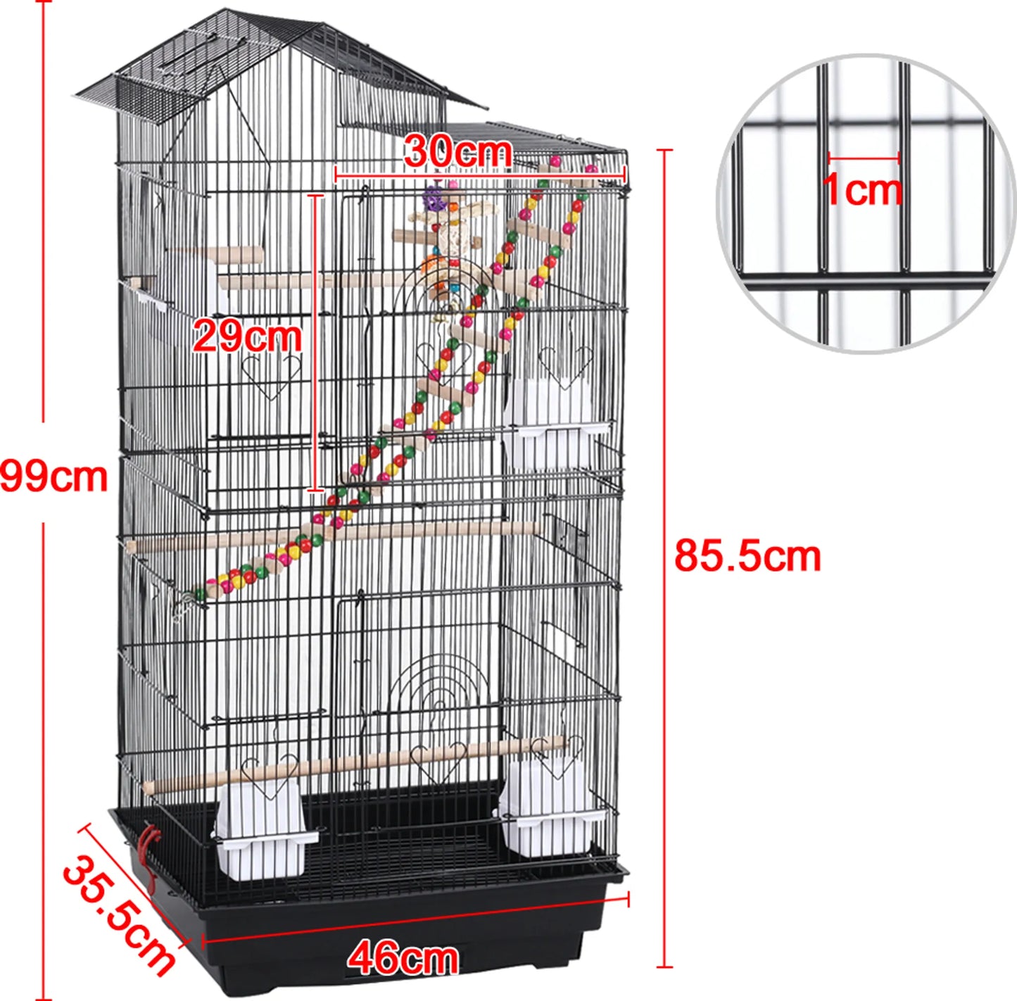 Yaheetech Vogelkooi Met Speeltuin – 46 x 35,5 x 99 cm – Voorzien Van Uitneembare Bodemplaat En Draadsloten En Complete Accessoireset – Voor Parkieten En Kanaries – Zwart Metaal En Hout