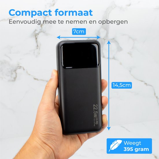 Nuvance - Powerbank 20000 mAh - 22.5W Snellaad Functie - USB, USB-C & Micro USB - Universeel voor Smartphones, Tablets & Gadgets - Reis Powerbanks - Zwart