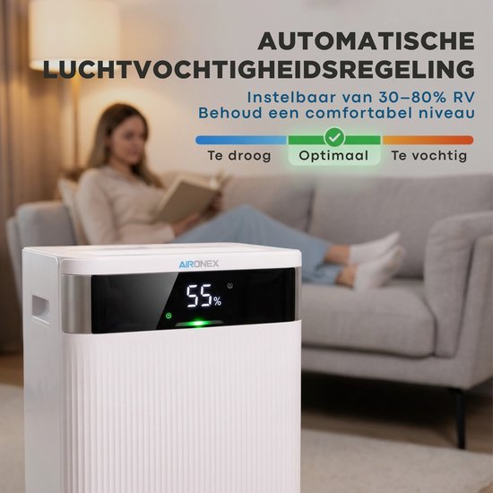 Aironex Luchtontvochtiger 20L per dag – Wasdroogfunctie – Tot 70 m² – Stil – Met App & Ionisator – Voor Kelder, Woonkamer, Slaapkamer & Badkamer – Dehumidifier