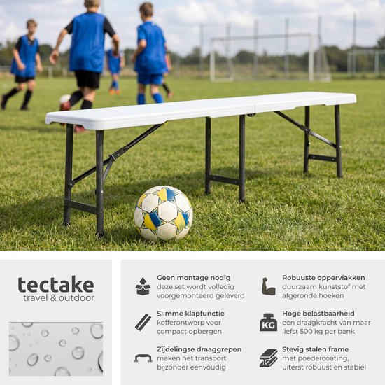 tectake® Set van 2 Inklapbare Bankjes - Tuinbankjes - 8 Personen - Bierbank - Draagbare Banken voor Campingtafel - Biertafel - Picknicktafel - Tuintafel - 500kg Draagkracht per Bank - Wit