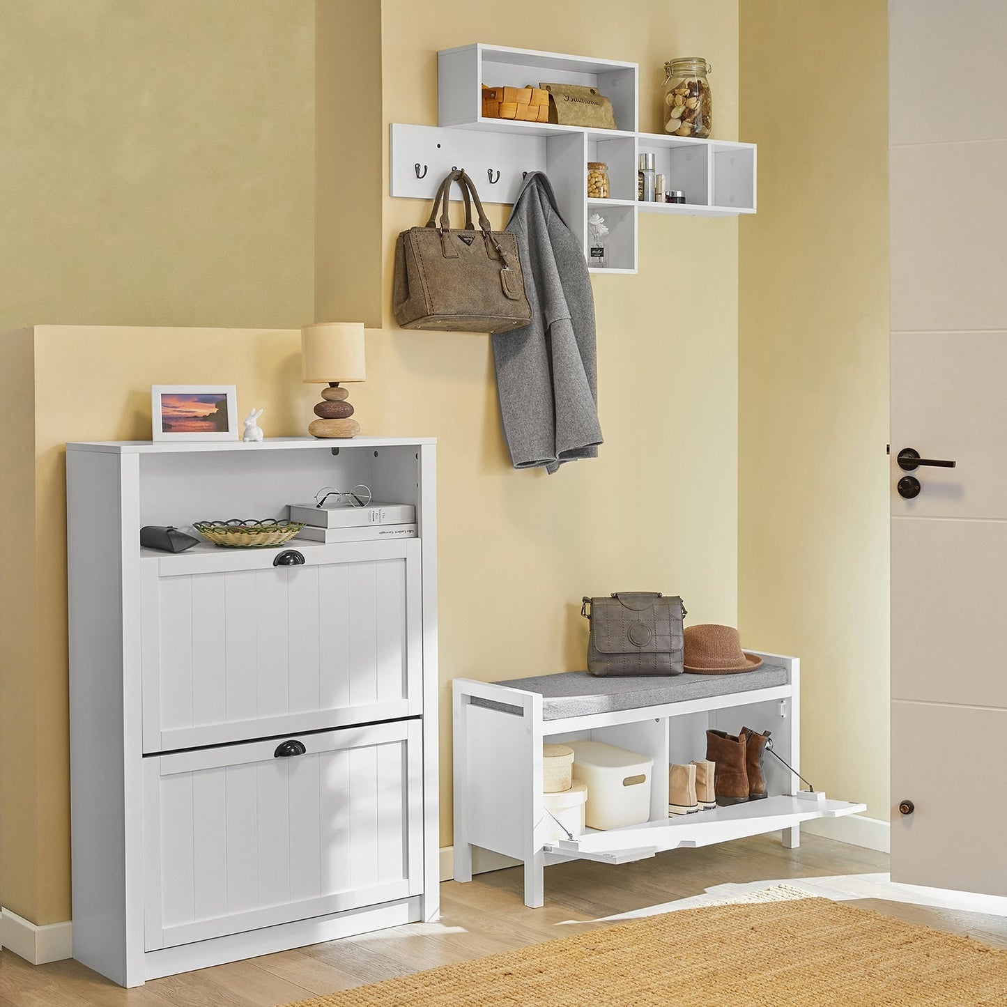 SoBuy Schoenenbank met 2 laden - Max. 150 kg - 91 x 30 x 50 cm - Wit/ Grijs