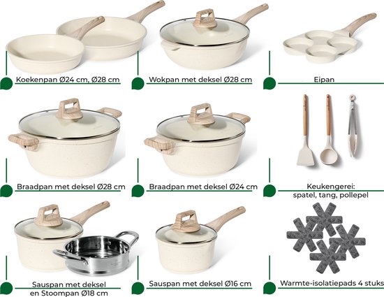 Just Perfecto Pannenset - 21-delig - Antiaanbak - Inductie - Beige graniet
