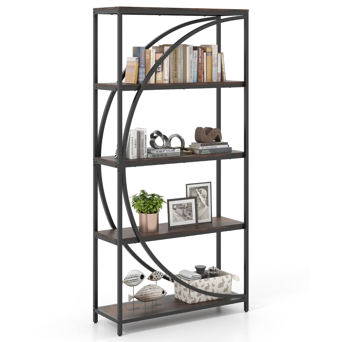 Coast Boekenkast met 5 Lagen - Gebogen Design - Metalen Frame - Bruin - 86 x 30 x 175 cm