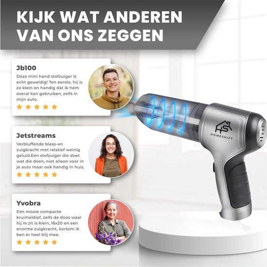HomeShift® Auto Stofzuiger Draadloos V2 PRO - Kruimelzuiger - Handstofzuiger - Kleine Stofzuiger - Draadloze stofzuiger - Air Duster - Nat & Droog - Metallic