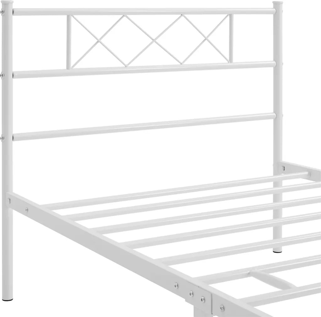 Yaheetech Bedframe 90 × 190 cm – Wit Metaal – Eenpersoonsbed met X-Design Hoofdbord, Lattenbodem en 32,5 cm Opbergruimte