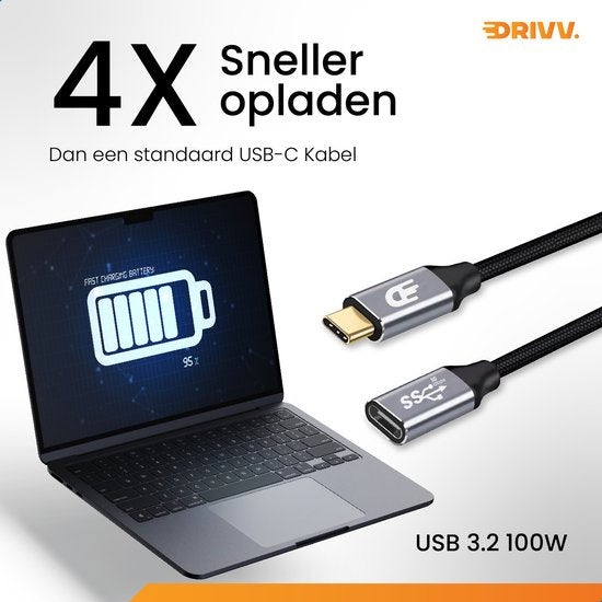 Drivv. USB C Verlengkabel 3.2 - Mannelijk naar Vrouwelijk - Fast Charge / Snellader - USB C Data en Oplaadkabel - 3 meter - Geschikt voor Samsung, iPhone 15 & Meer - Grijs