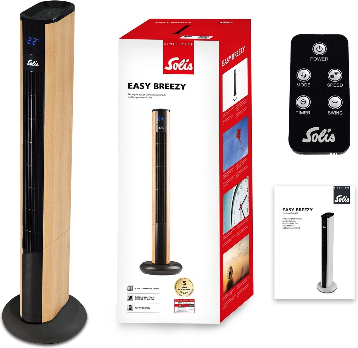Solis Easy Breezy 757 Torenventilator - Ventilator Staand met Afstandsbediening - Timerfunctie - 44,8 dB - 91 cm Hoog - Wood Effect