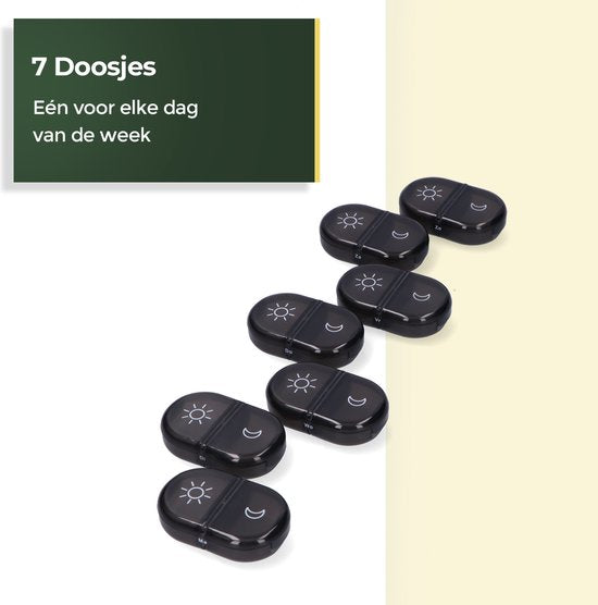 Gandria Pillendoos 7 Dagen - Uitneembaar Pillendoosje - Medicijndoos met 14 Compartimenten - Medicijndoos met Stevige Sluiting - 2 Vakken per Dag - Zwart
