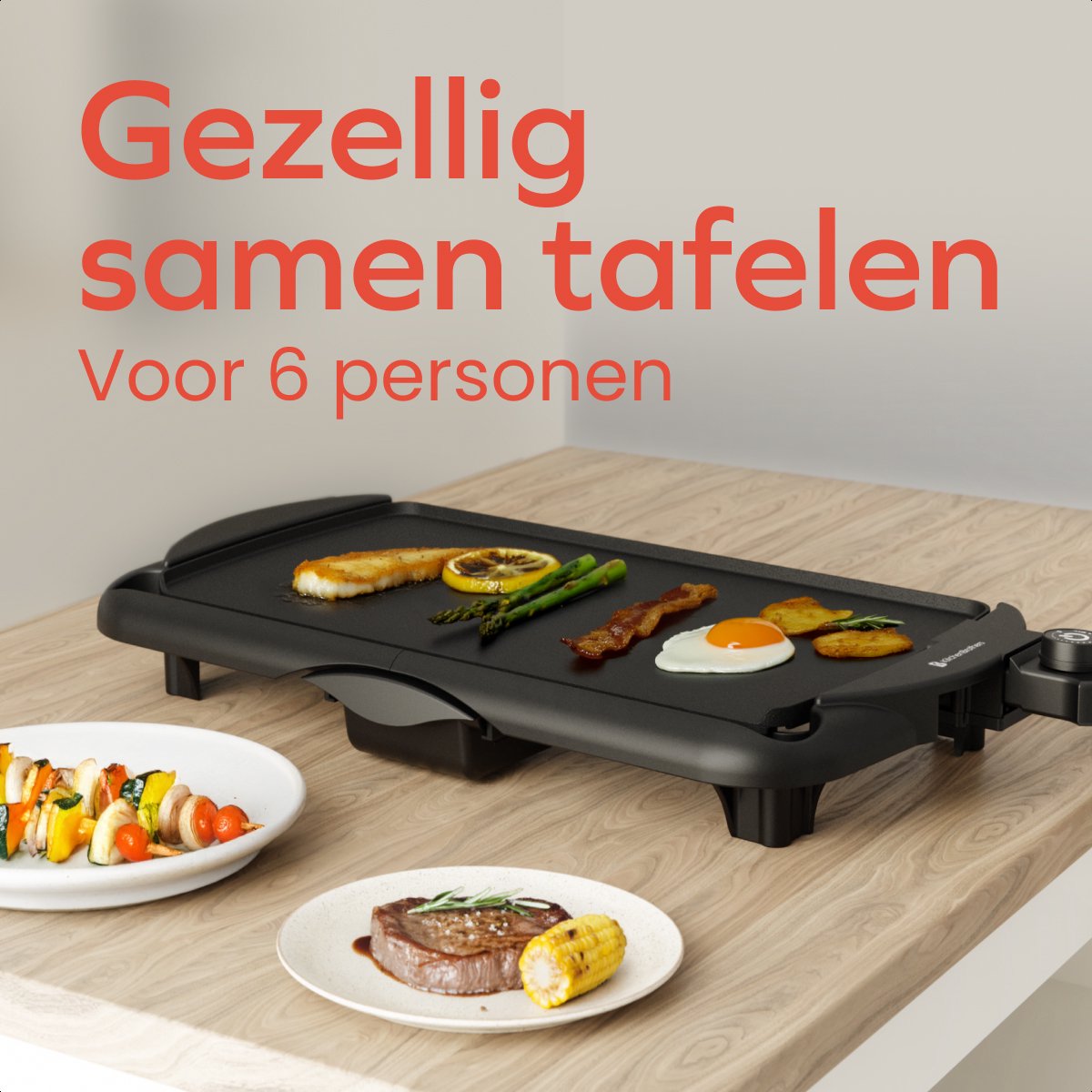 KitchenBrothers Elektrische Grillplaat XL - 2000W - Teppanyaki Bakplaat - Veilig Grillen - Zwart