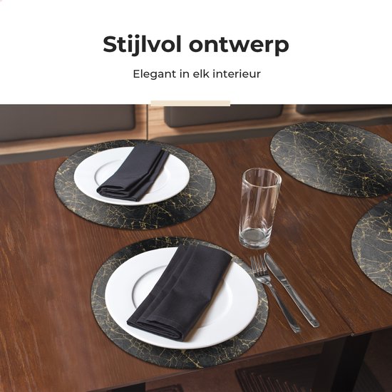 Castagnola Lederlook Placemats - Ronde Placemats - Antislip Placemat van Kunstleer - Waterafstotende Onderlegger - Onderzetter - 6 Stuks - Diameter 38 cm - Zwart/Goud