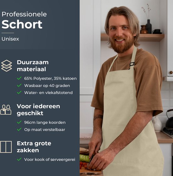 Keukenschort - Water- en vuilafstotend - Professioneel Kookschort - Schort voor Dames en Heren - Horeca Sloof - Unisex - Verstelbare Gesp - Extra Grote Vakken - Zandkleurig