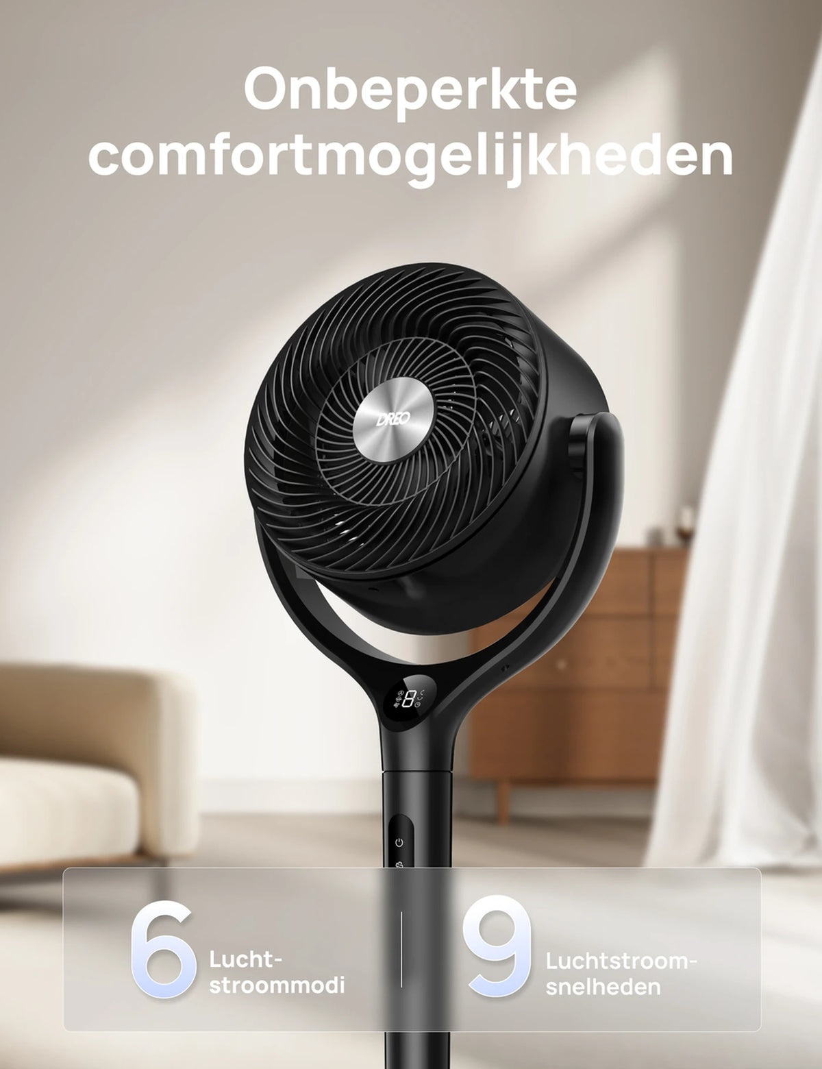 Dreo Turbo Luchtcirculator DR-HPF022 - Statiefventilator - 9 Snelheden & 6 Modi - Afstandsbediening - 120° Oscillatie - Hoogte 94-107 cm