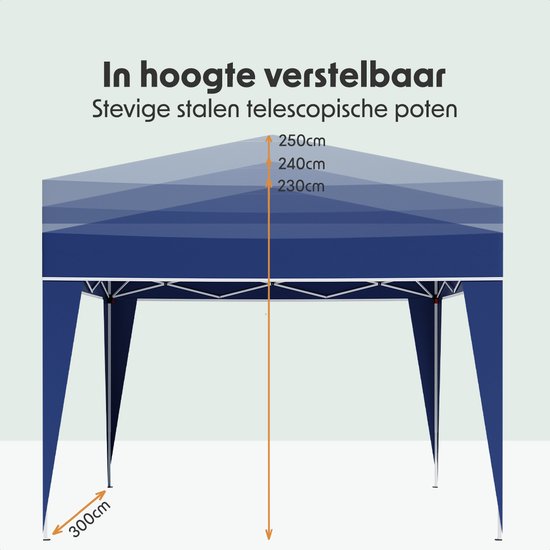LifeGoods Partytent - Paviljoen - Easy Up - Opvouwbaar - Waterdicht - Met Draagtas - 300 x 300 cm – Blauw