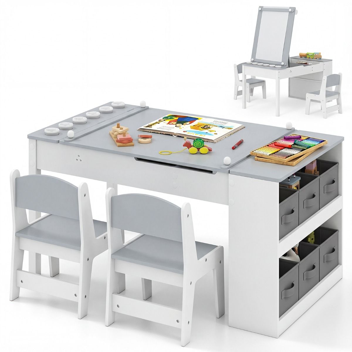 Coast Kindertafel en Stoelenset - 2-in-1 tekentafel met opbergruimte en papierrol - grijs
