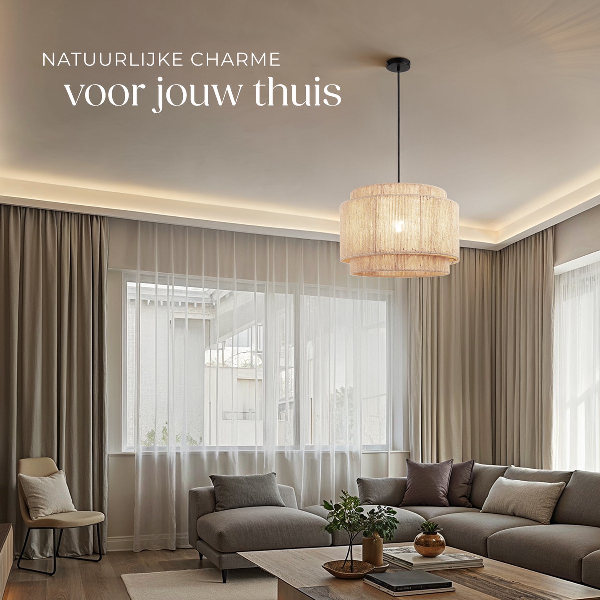 tectake® Plafondlamp Lignea Lux - Boho Hanglamp - Jute Natuur - Ø46 x 32 cm - 40W