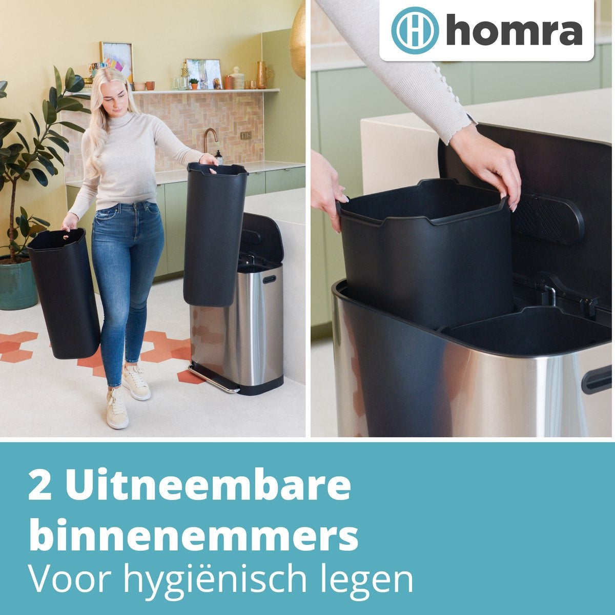 Homra Afvalscheidingsprullenbak – Duo Pedaalemmer met Geurfilter – 60L (2x30L) – RVS - Grijs - 37x58x68,5 cm