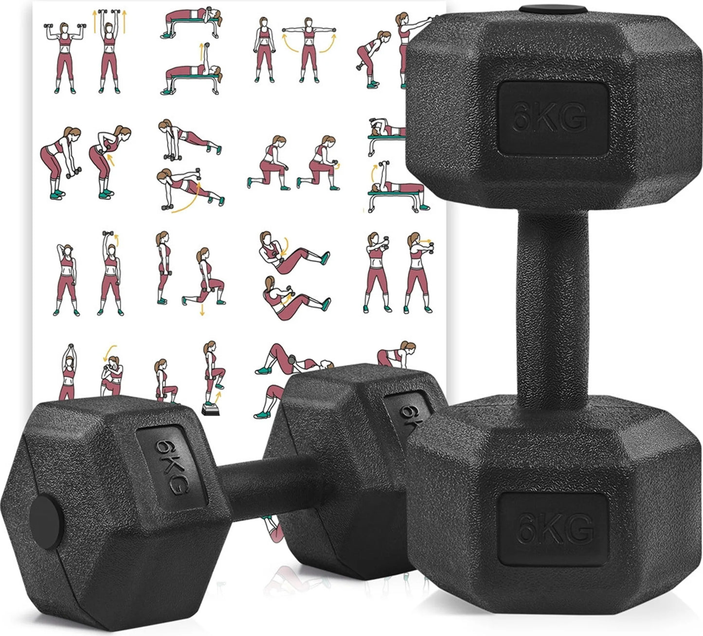 Yaheetech Halterset 2 Stuks – 12 kg – Voorzien Van Zeshoekig Anti-Rol Ontwerp En Vloerbeschermende Kunststof Coating En Ergonomische Handgreep – Voor Krachttraining En Cardio – Zwart Beton En Metaal – 31 x 15,5 x 14 cm