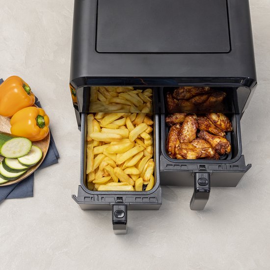 Princess Double Basket Airfryer 182068 - Dubbele Airfryer - 8 liter - 2 manden - XXL - 8 programma’s - 2400W - Dubbele heteluchtfriteuse - Touchscreen - Zwart - 80 °C tot 220°C - Sync functie
