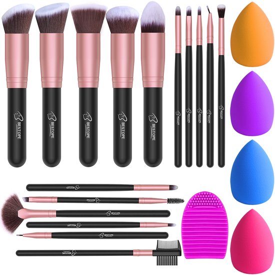 Bestope Make up Kwasten set met Beauty blenders 16 delig - Brush set - Kwasten reiniger - Borstels - Rosé Goud