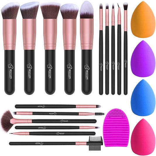 Bestope Make up Kwasten set met Beauty blenders 16 delig - Brush set - Kwasten reiniger - Borstels - Rosé Goud