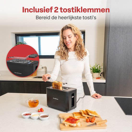 AoraKitchen Broodrooster met Tostiklemmen - 6 Warmteniveaus - Led Scherm - Toaster - Timer - Zwart