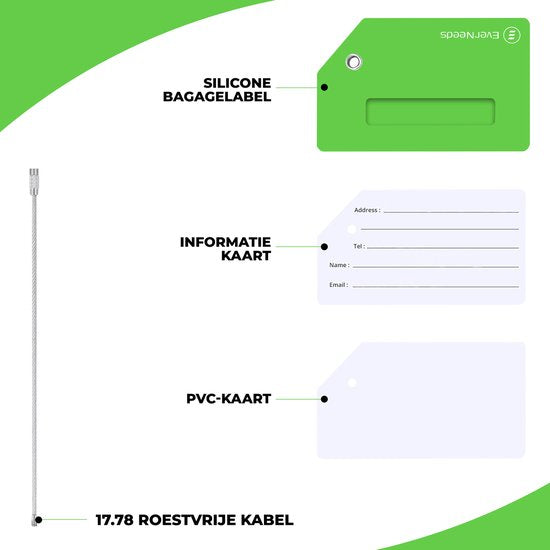 EverNeeds Bagagelabel - Siliconen - Groen - 5 Stuks - 5x9 cm