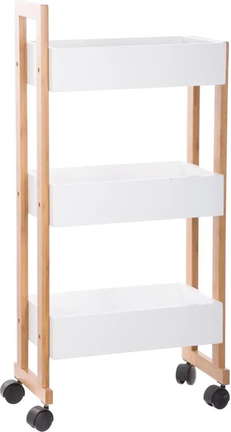Keuken trolley 3-laags - bamboe hout - wit/bruin - 41 x 20 x 80 cm - badkamer