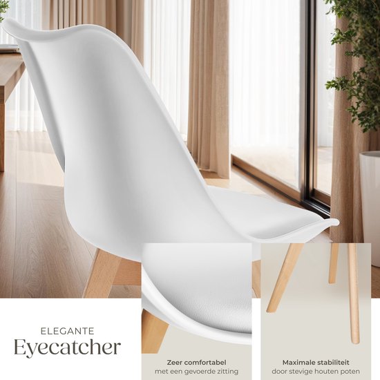 tectake® Eetkamerstoel Frederikke - Set van 6 Eetkamerstoelen met Gevoerde Stoffen Zitting - Massief Houten Poten - Ergonomische Stoelen geschikt voor Woonkamer, Eetkamer, Slaapkamer en Keuken - Draagkracht 120kg - Wit