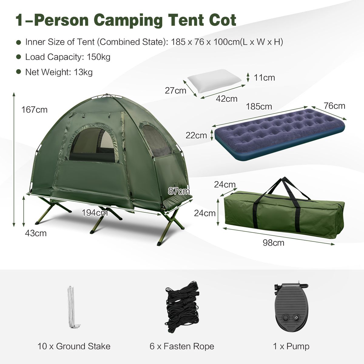 Coast Veldbed met Tent - 5-in-1 Kampeerset - Luchtmatras, Slaapzak en Kussen - Groen - 194 x 87 x 167 cm