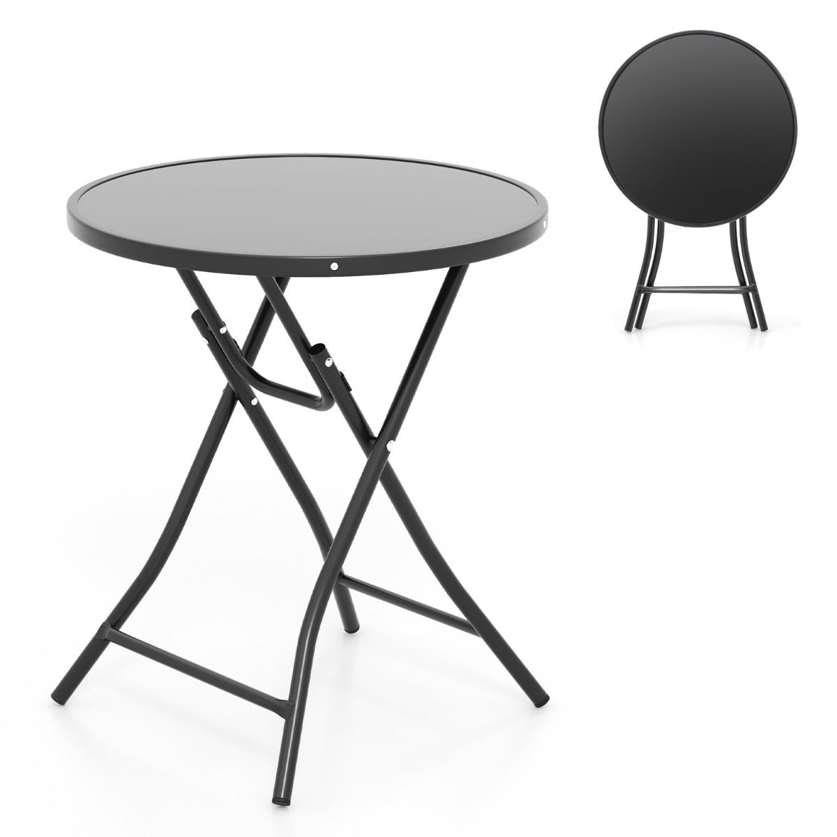 Coast Ronde Opvouwbare Bistrotafel – Ø59 cm Zwart – Gehard Glas – Metaal – Voor Binnen & Buiten