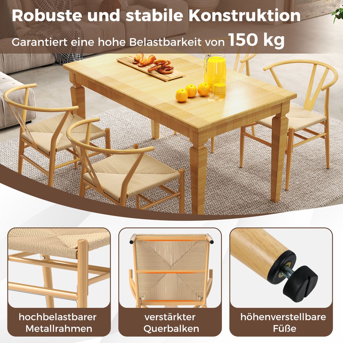 Coast Eetkamerstoelen Set van 2 - Y-vormige rugleuning - Gevlochten rattan zitting - Naturel