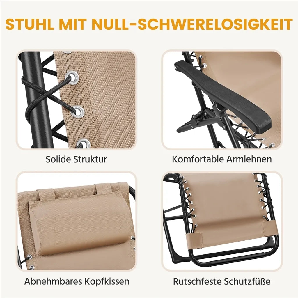 Yaheetech Set van 2 Zero Gravity Ligstoelen - Beige - Opvouwbare Relaxstoelen met Hoofdkussen en Bekerhouder