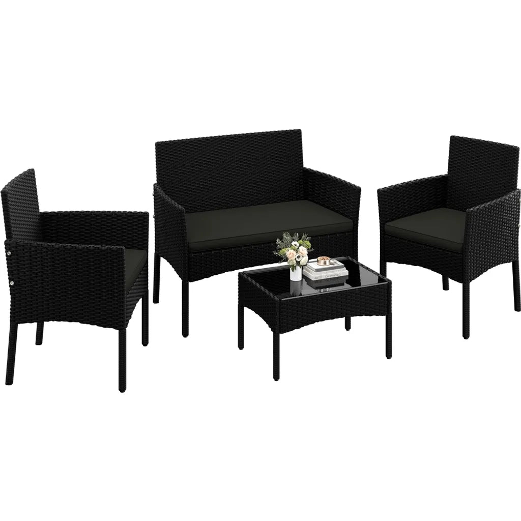 Yaheetech 4-delige Loungeset Tuin - Zwart/Grijs - Polyrattan Tuinmeubelset met 2-zitsbank, 2 Stoelen en Salontafel