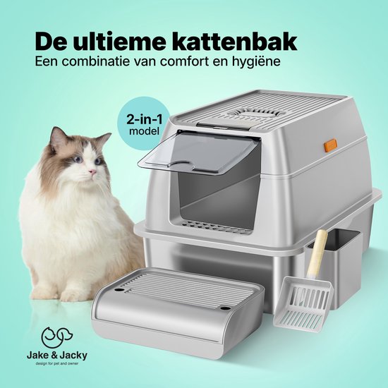 Jake en Jacky RVS Kattenbak - Kattentoilet Roestvrijstaal - Incl. Kattenbakschep met Houder en Gritopvang Opstapje - 2 in 1 Open Kattenbak met Afneembare Deksel - 60x40x38cm
