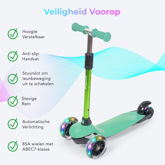 LifeGoods Kinderstep - Step 2-5 Jaar - 3 Lichtgevende LED Wielen - Hoogte Verstelbaar - Jongens/Meisjes - Muntgroen