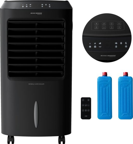 JAP Appliances Edmonton - 4 in 1 Aircooler, Ventilator, Ionisator en luchtbevochtiger - Met afstandsbediening en timer - Luchtkoeler Inclusief 2 koelelementen - Mat zwart
