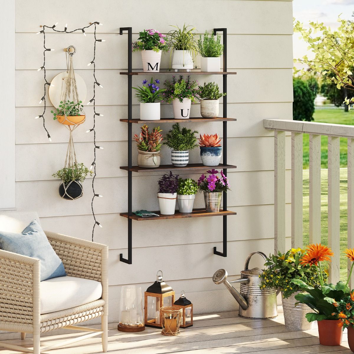 Coast Wandrek met 4 Planken - Zwevend Opbergrek - Metalen Frame - Rustiek bruin en zwart - 76 x 30 x 163 cm