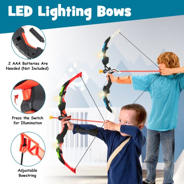 Boog en pijl set voor kinderen met LED-verlichting – incl. 20 pijlen, 2 draagkokerpauldrons, staand en hangend doelwit – speelset voor binnen en buiten – 110 x 30 cm