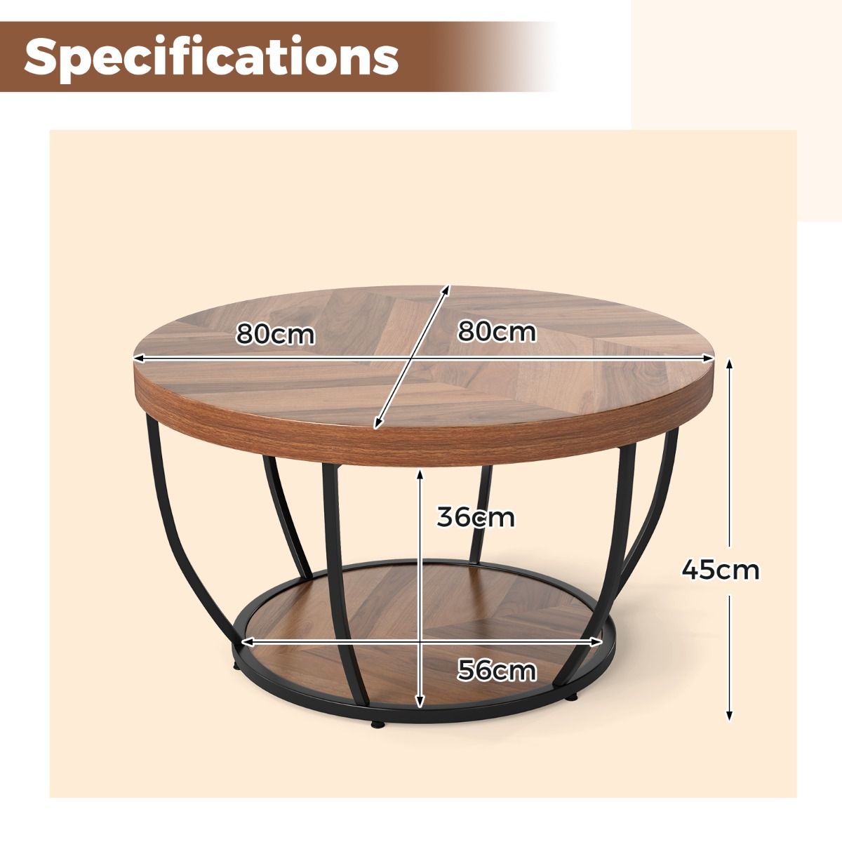 Coast Ronde Salontafel - 2 Lagen - Metalen Frame - Bruin - 80 cm