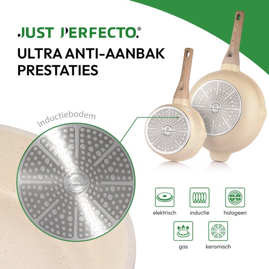Just Perfecto 12 Delige Pannenset Inductie - Beige Pannenset Met Deksel Voor Gas en Inductie - PFAS vrij - Koudgrepen