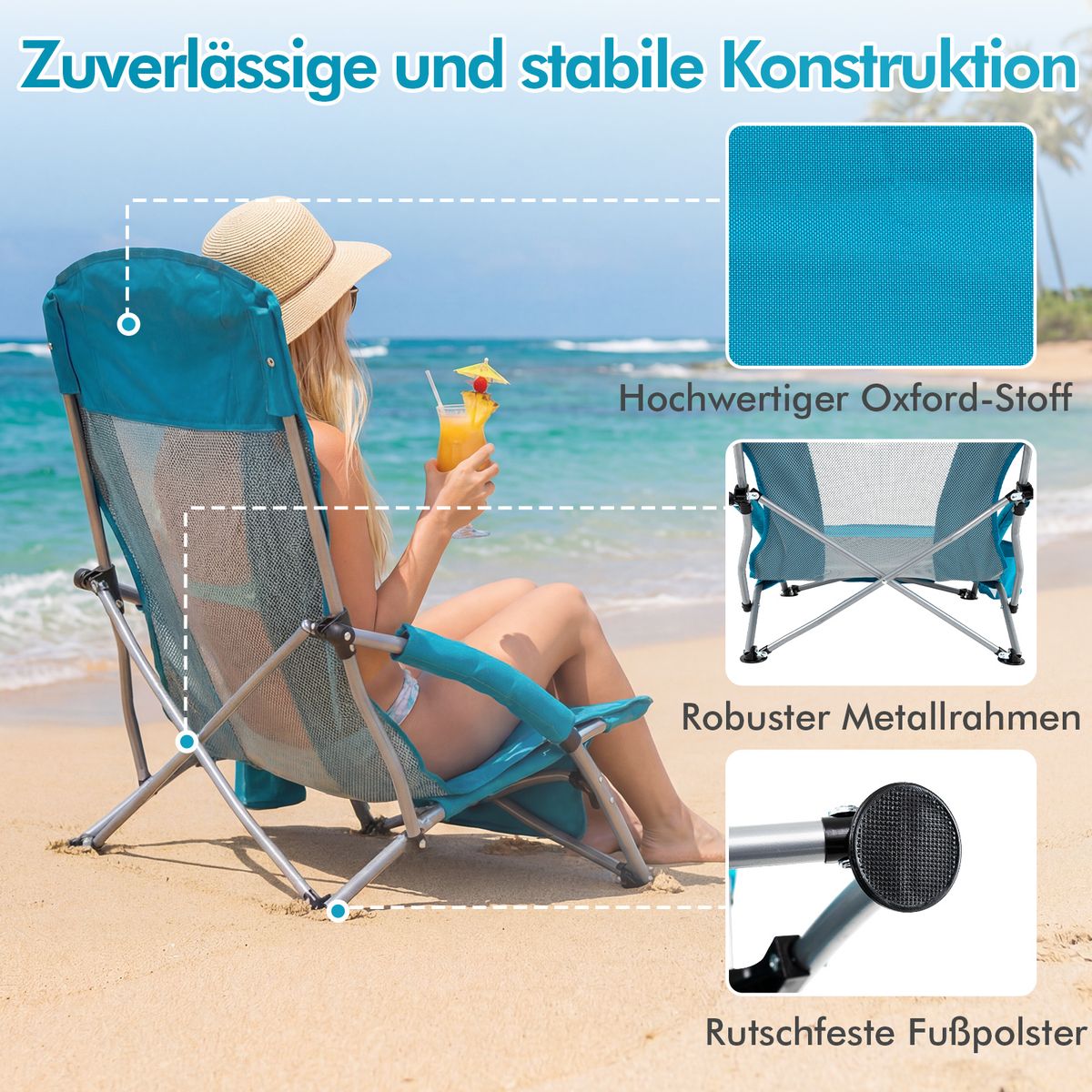 Coast Opvouwbare Strandstoel - ademend netstof - met armleuningen en bekerhouder - blauw