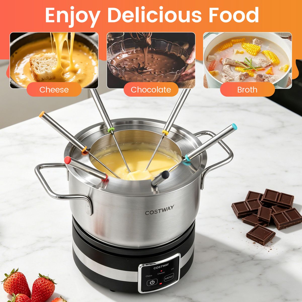 Coast Elektrische Fondueset - 1200 W - Temperatuurregelaar - Afneembare roestvrijstalen pan - Zilver en zwart