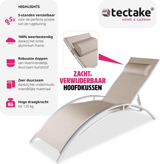 tectake® set van 2 tuinstoelen ligstoelen - aluminium ligbedden - weerbestendig - ideaal voor tuin - balkon - terras - inclusief hoofdkussen - 5-voudig verstelbare rugleuning - beige