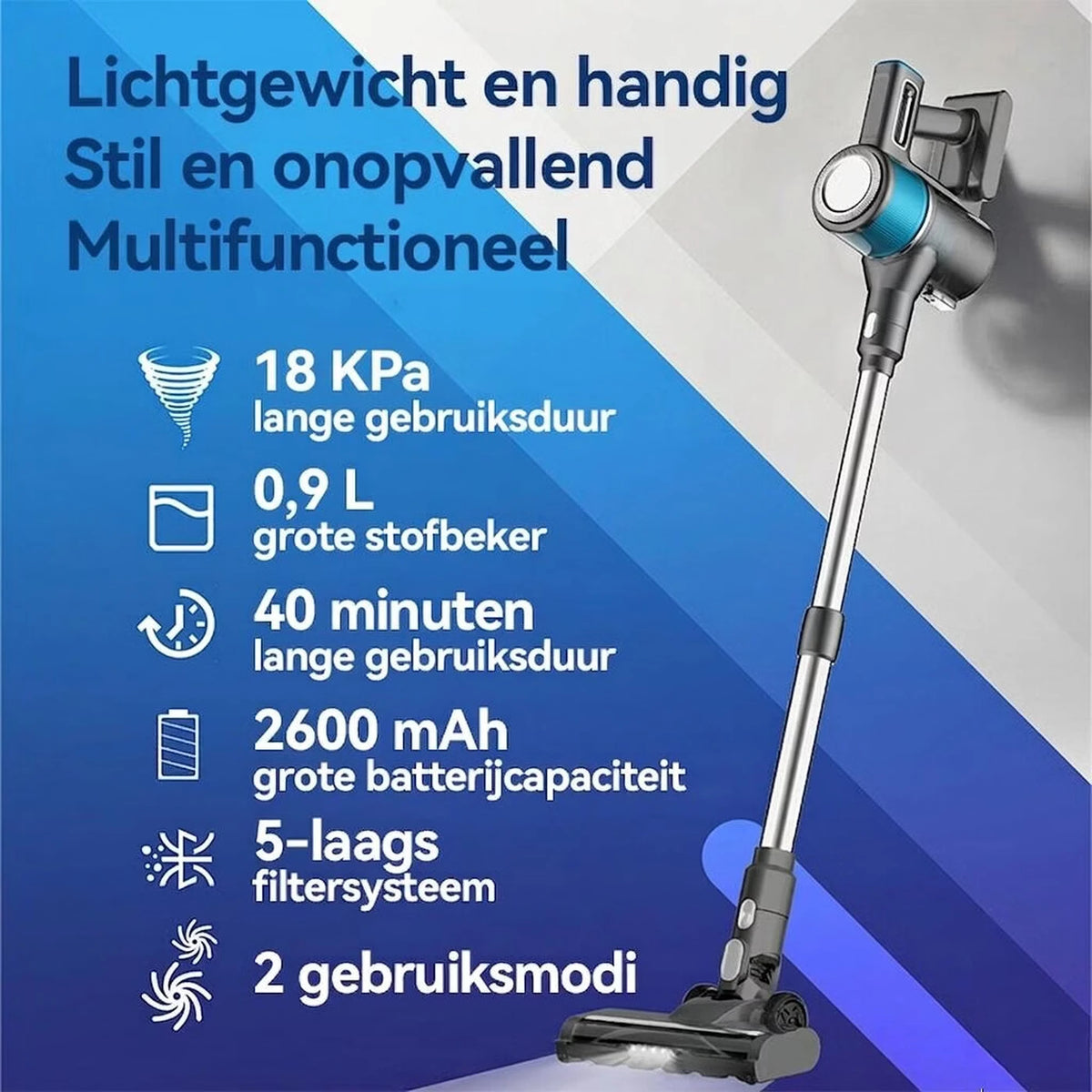 Ochama Draadloze Stofzuiger 4-in-1 - Steel- en Handstofzuiger - 18 kPa Zuigkracht - 40 Minuten Looptijd - LED-display